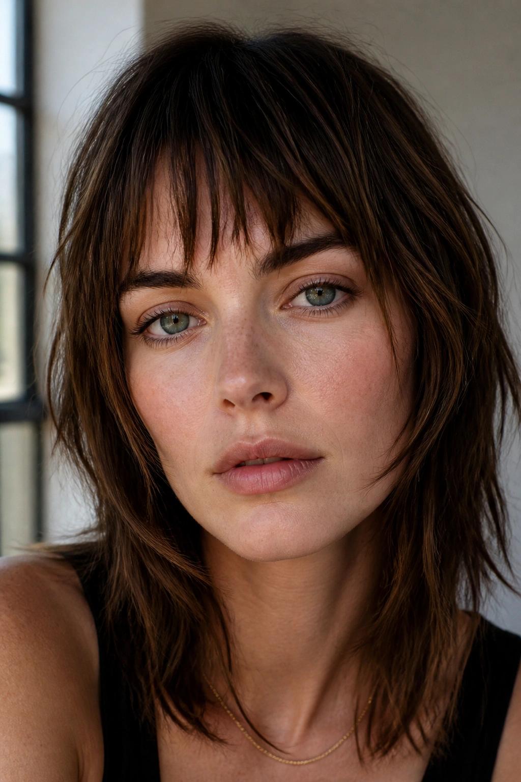 Close-up portrait of a real woman with textured choppy piecey bangs.