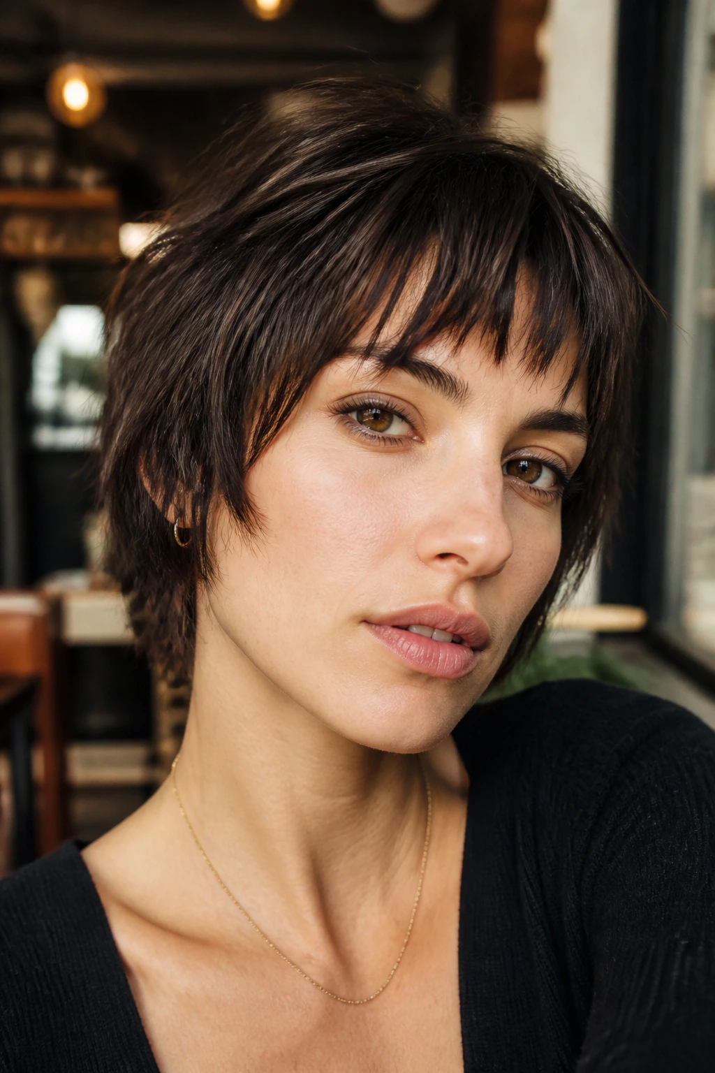 Close-up of a woman with choppy piecey bangs in warm cafe light.