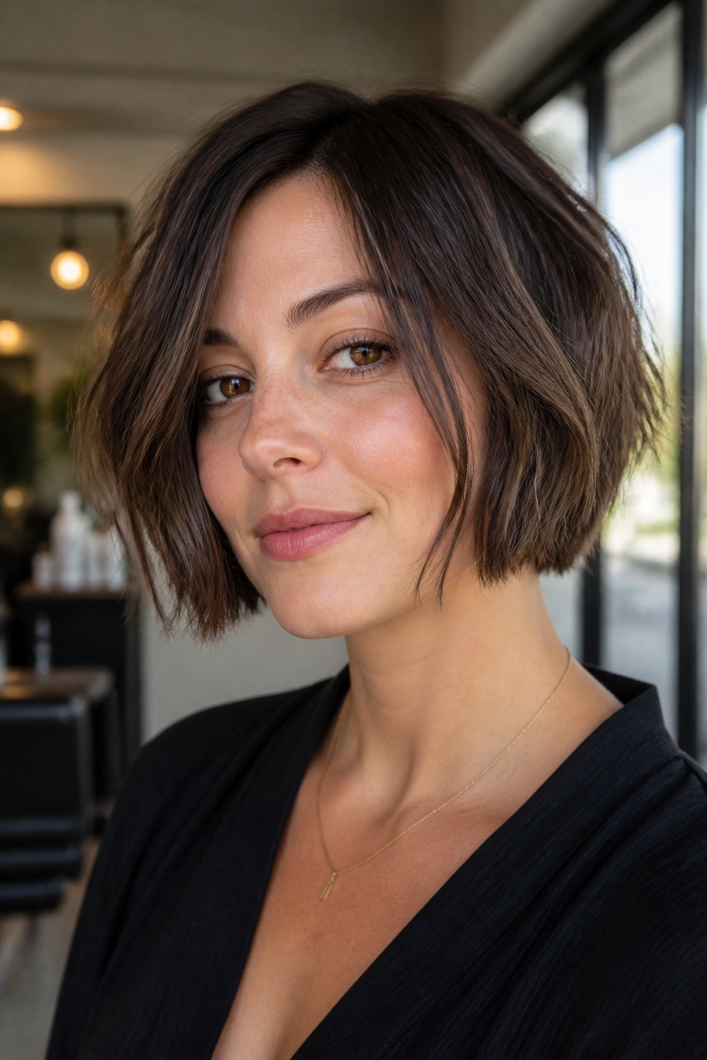 Close-up of a real woman with choppy piecey chin-length bob showing texture