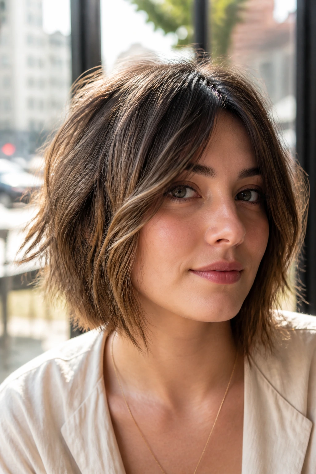 Portrait of a woman with a choppy piecey bob showing uneven ends below cheekbone in daylight