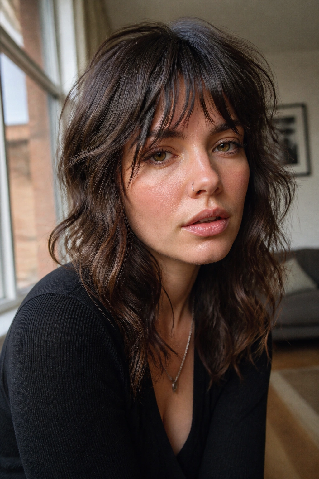 Close-up portrait of Choppy Piecey Fringe on a real woman with jagged fringe and textured waves