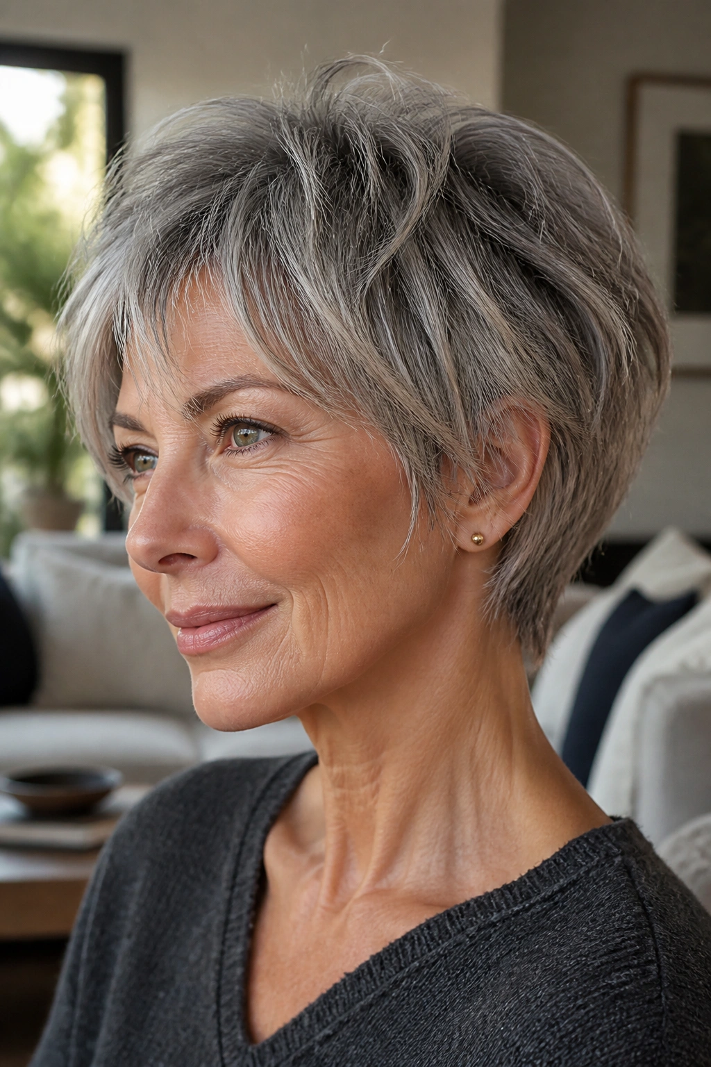 Portrait of a real woman with a choppy pixie-bob hairstyle