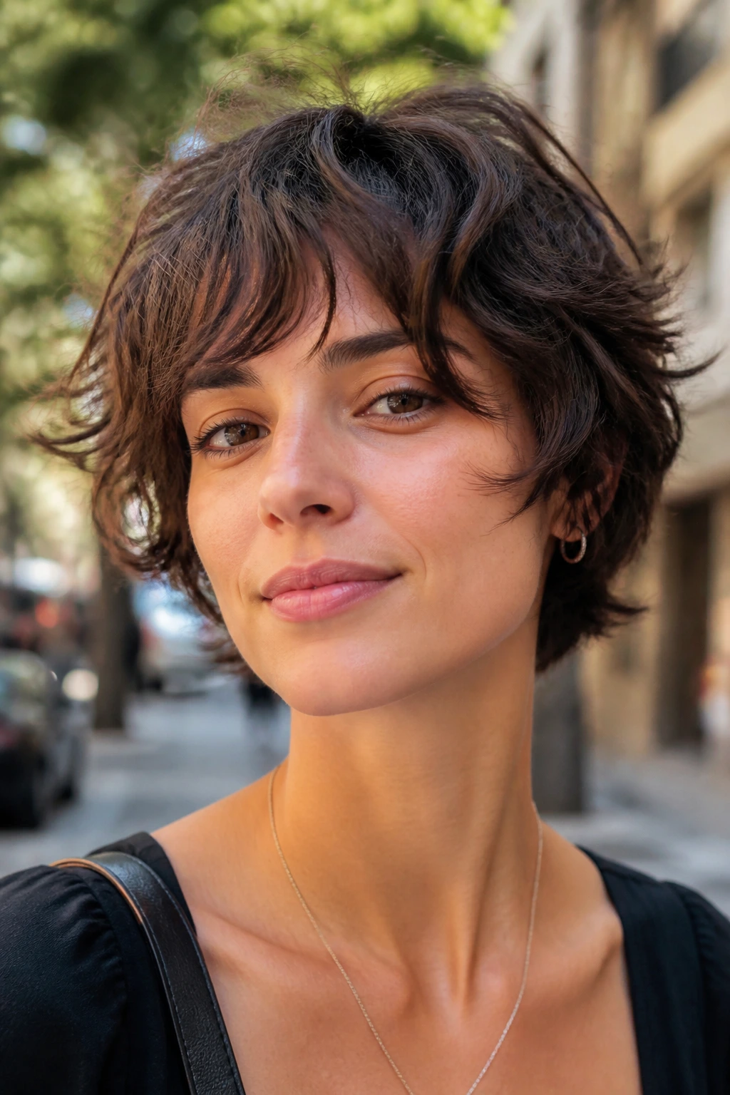 Real woman with choppy pixie-bob hairstyle on city street