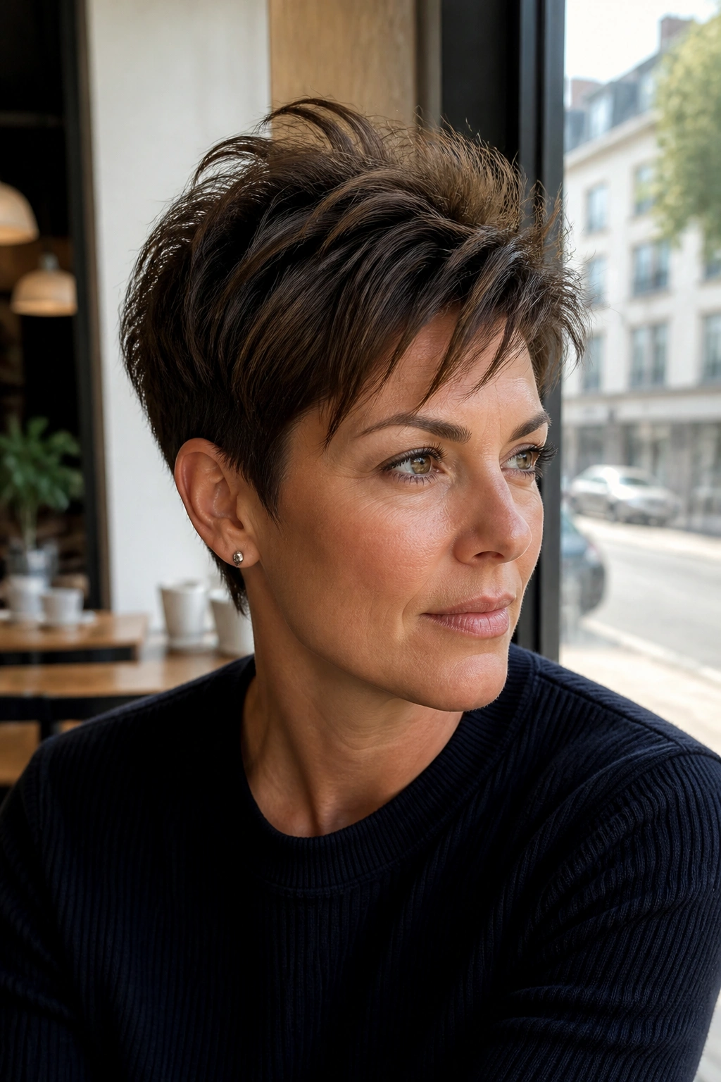 Close-up of a woman with a choppy pixie and crown-height top in natural light