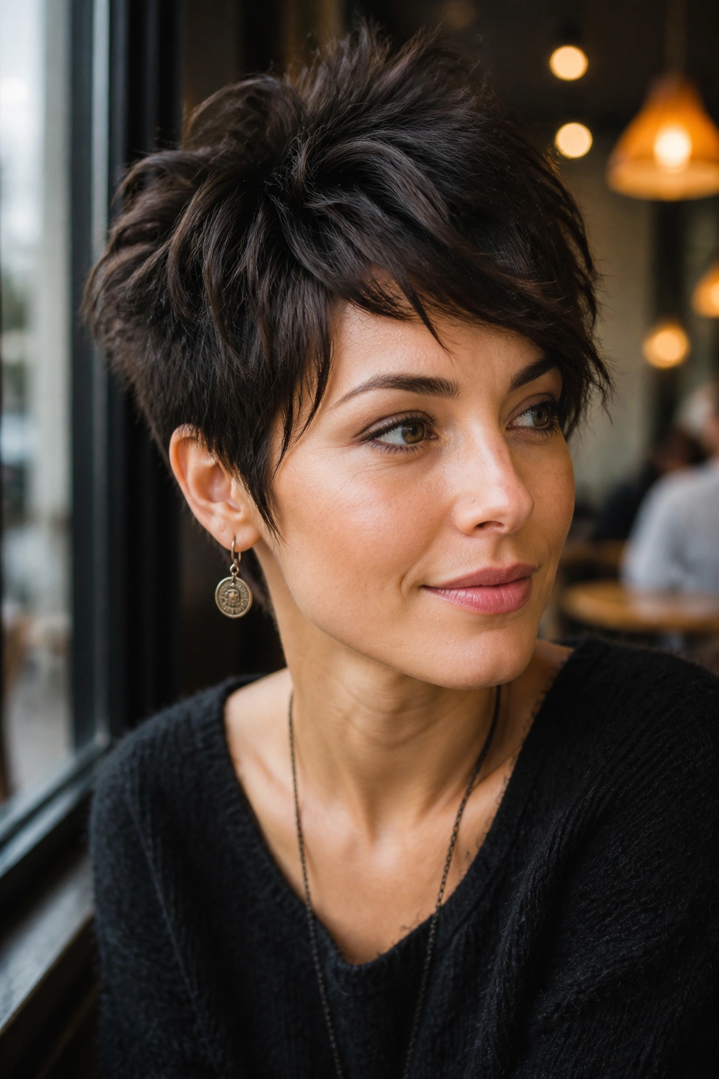 Portrait of a person with a choppy long pixie and crown lift in natural daylight