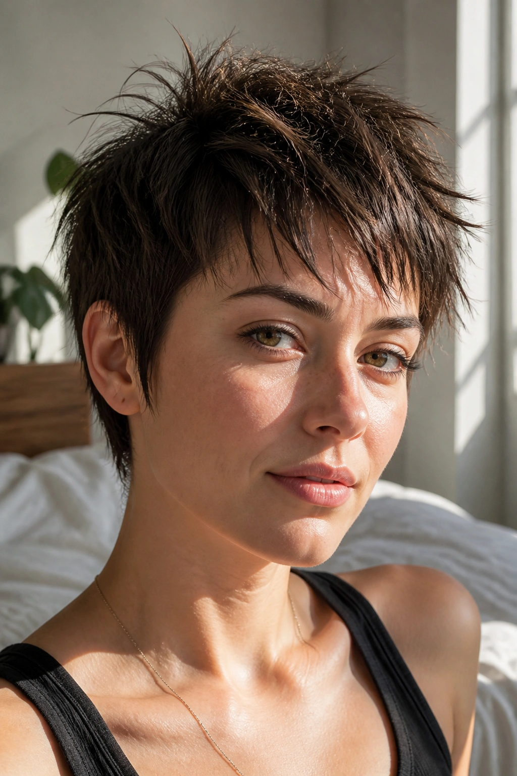 Close-up portrait of a real woman with a choppy pixie cut and textured crown.
