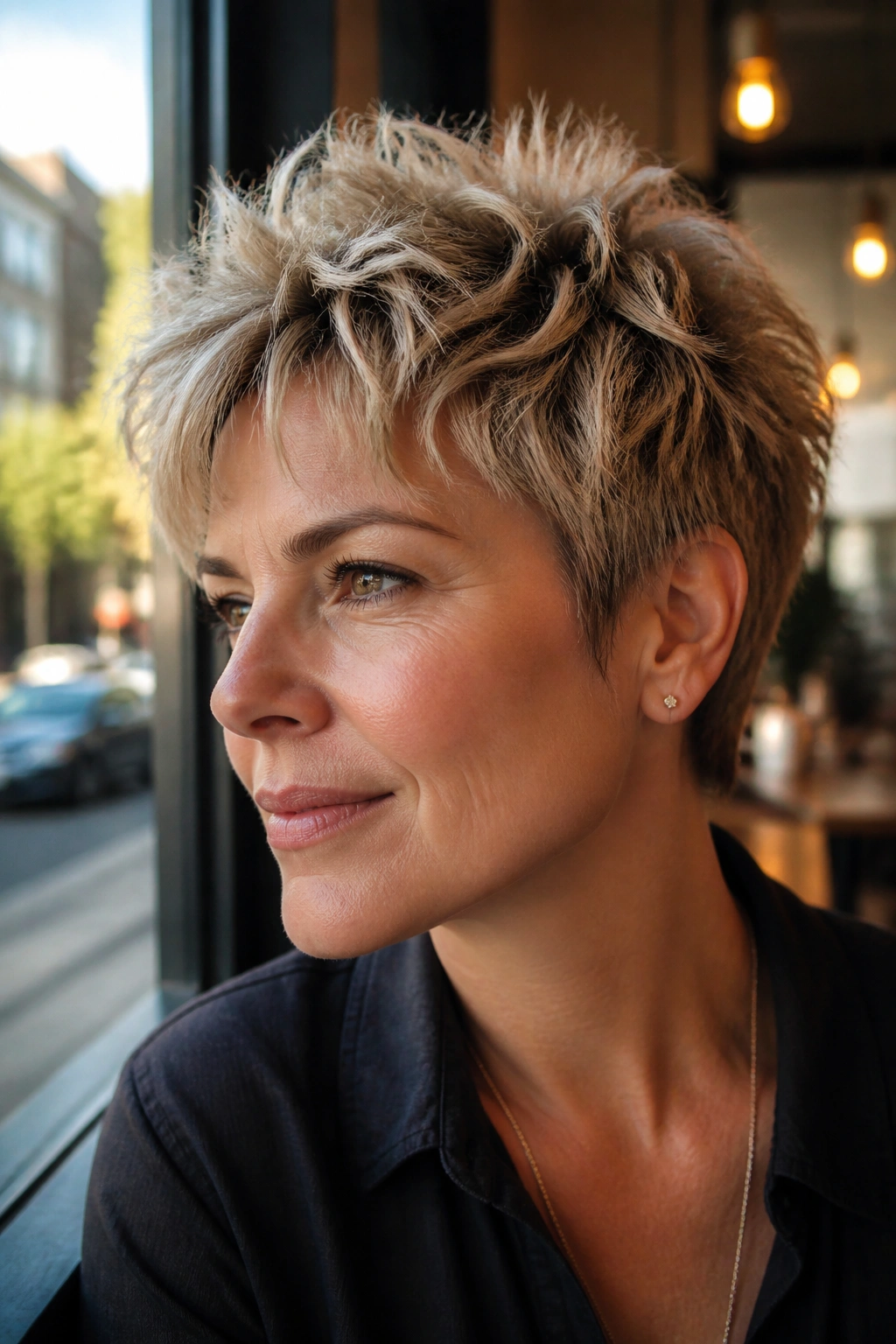 Close-up portrait of a real woman with choppy textured pixie hairstyle in a sunlit cafe window