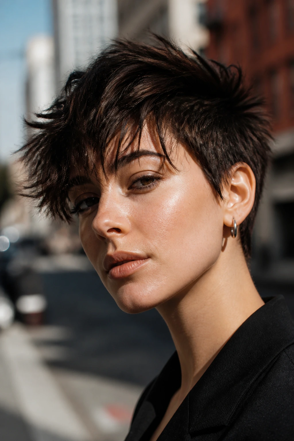 Portrait of a real person with a choppy pixie and long top, showing texture