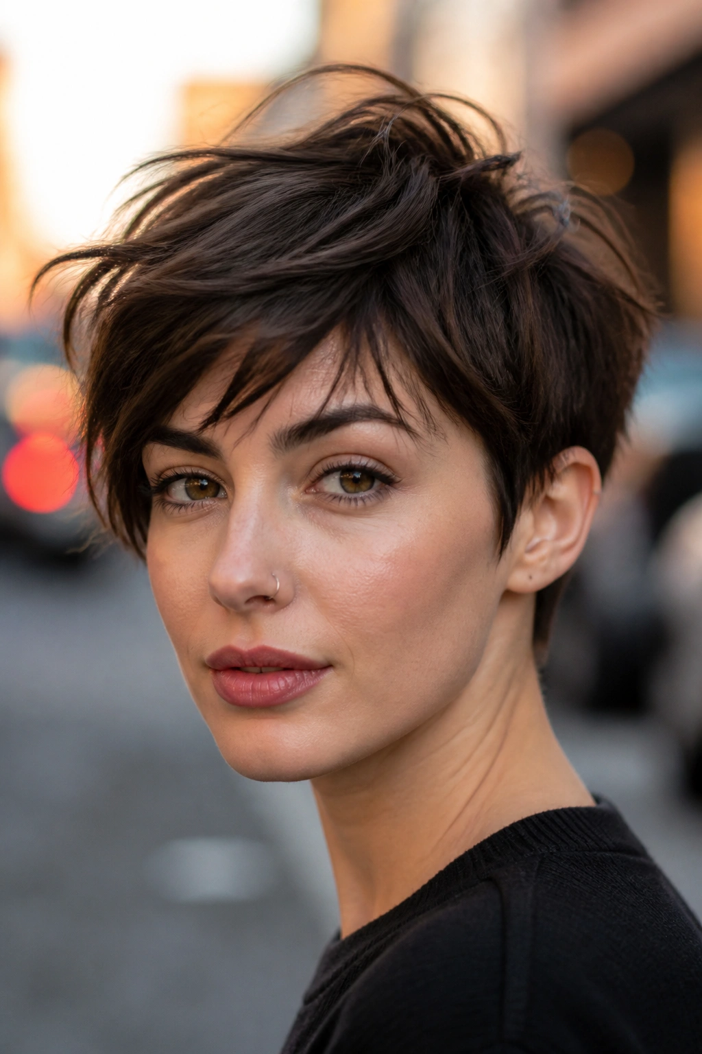Close-up of a real person with a choppy long-top pixie