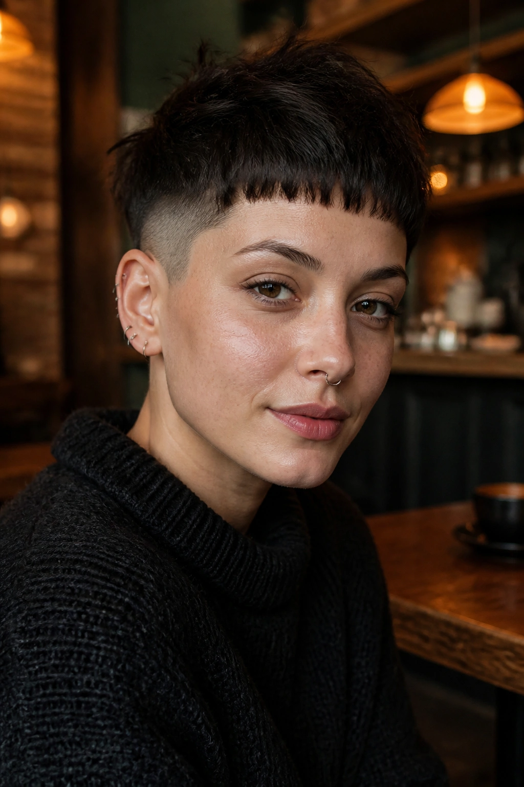 Close-up portrait of a real person with micro bangs and choppy pixie in warm cafe lighting