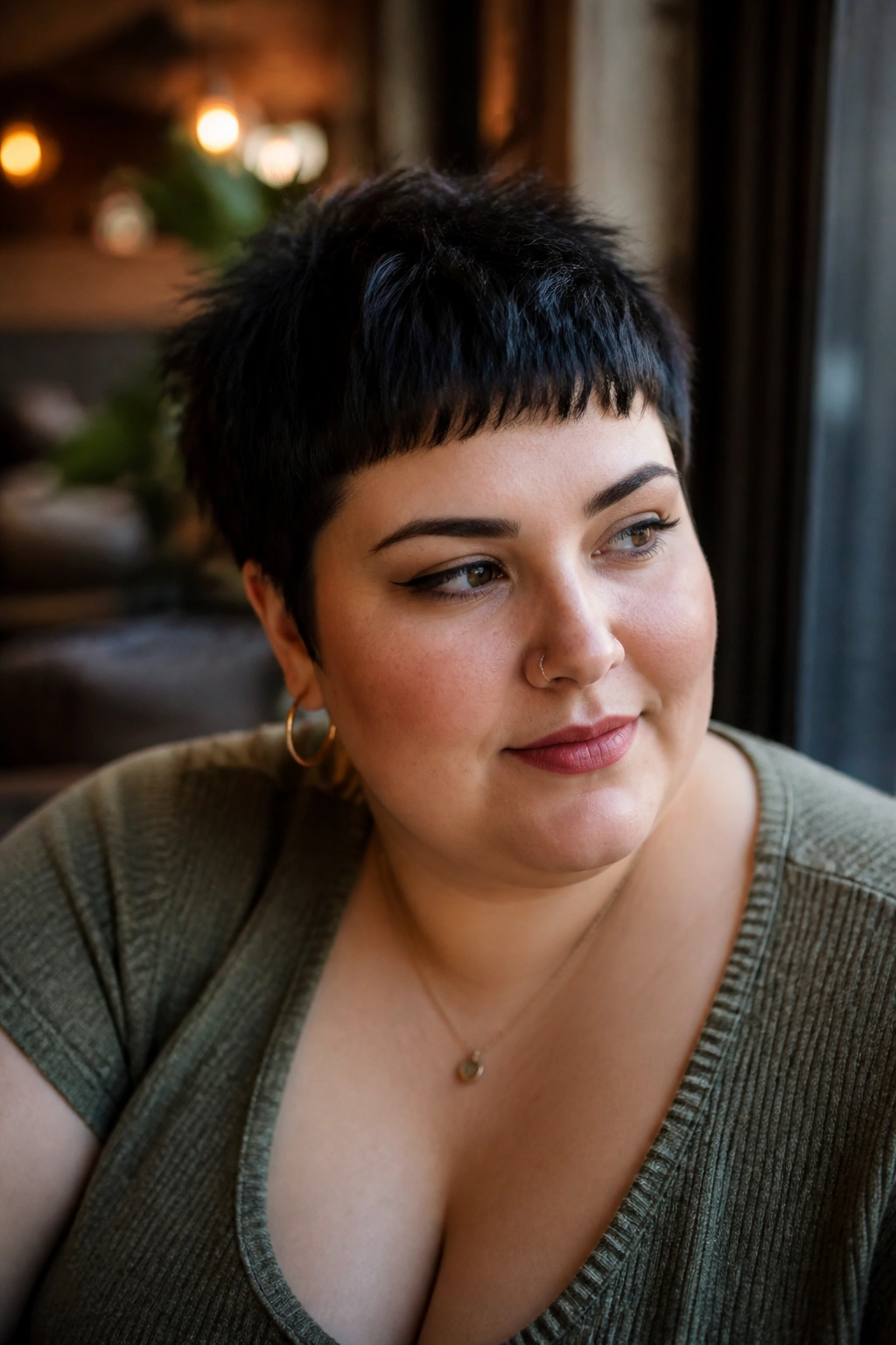 Close-up portrait of a real woman with choppy pixie and micro bangs in cafe light