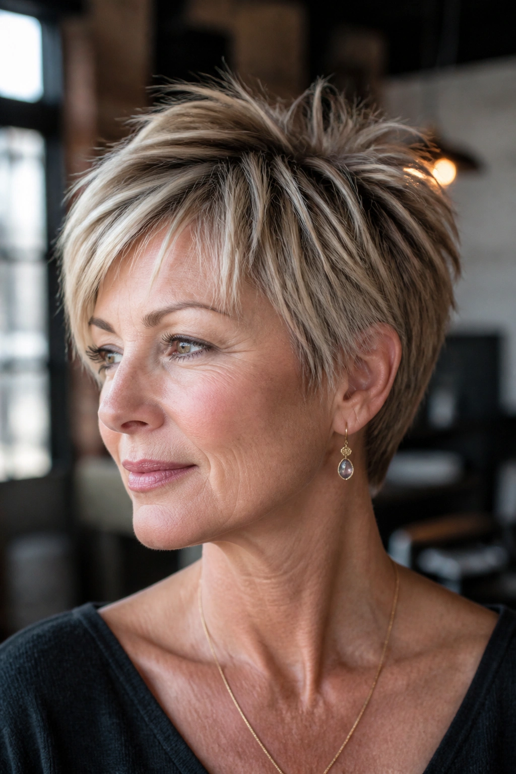 Portrait of a woman with choppy, piecey pixie ends in warm loft light