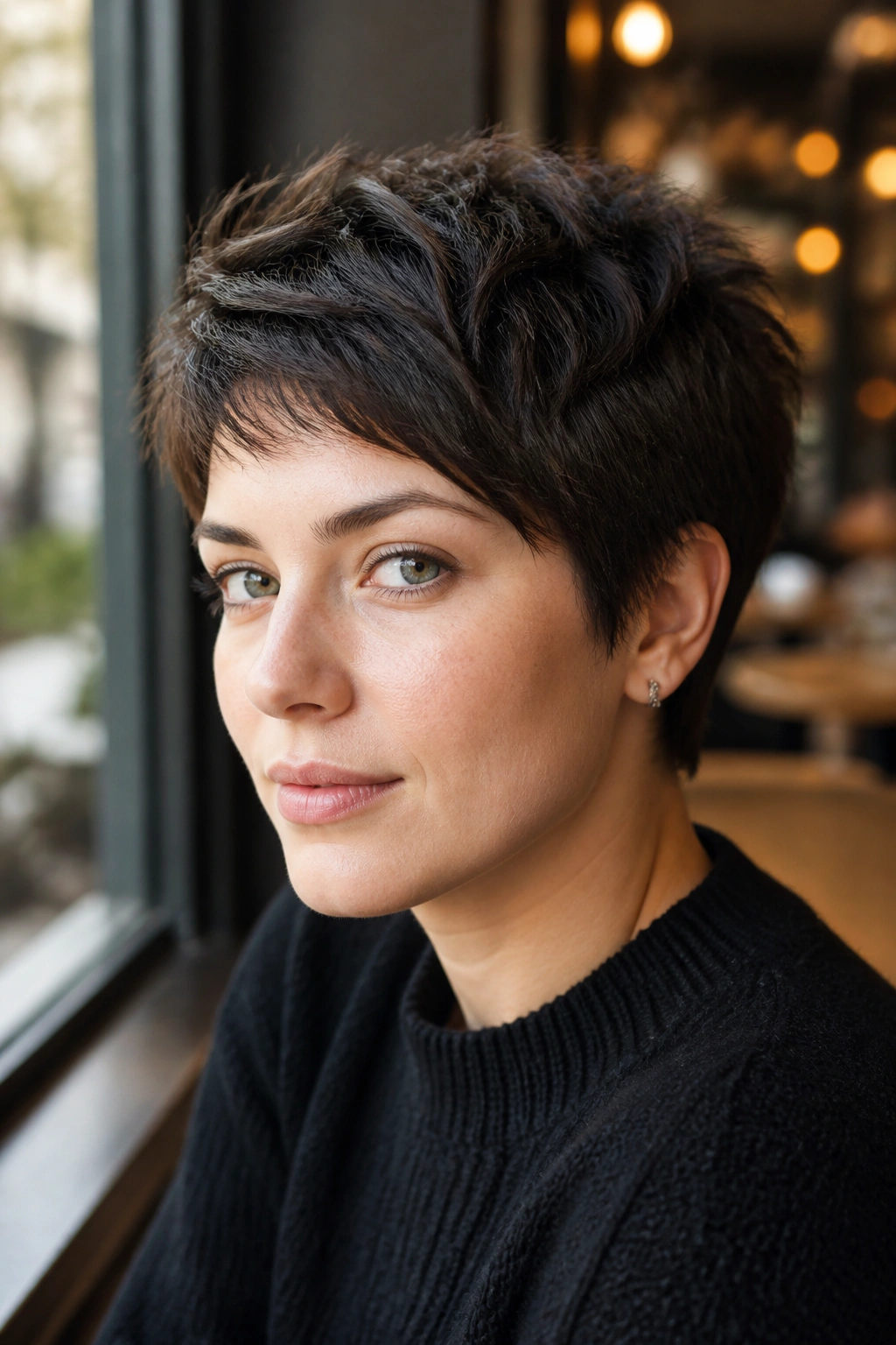 Close-up portrait of a real woman with a choppy pixie and piecey ends, thick hair texture visible
