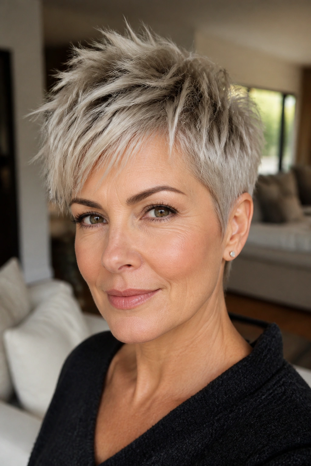 Close-up portrait of a woman with a choppy pixie hairstyle