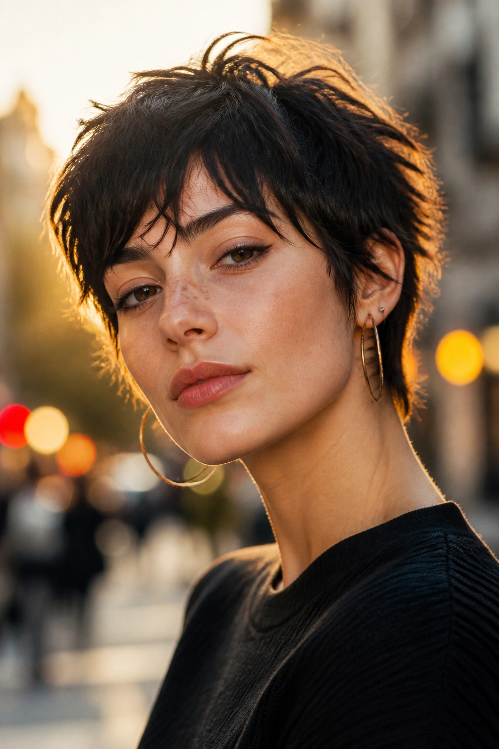 Close-up portrait of a person with a Choppy Pixie Shag showing textured, edgy layers