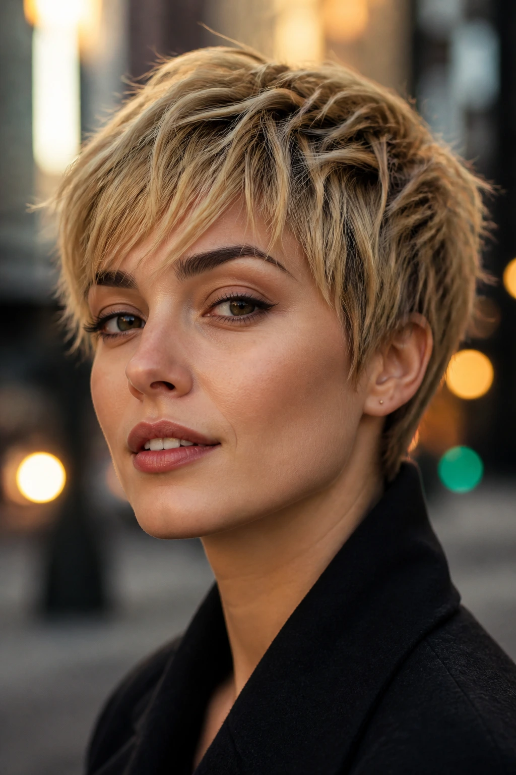 Close-up portrait of a real person with choppy pixie texture