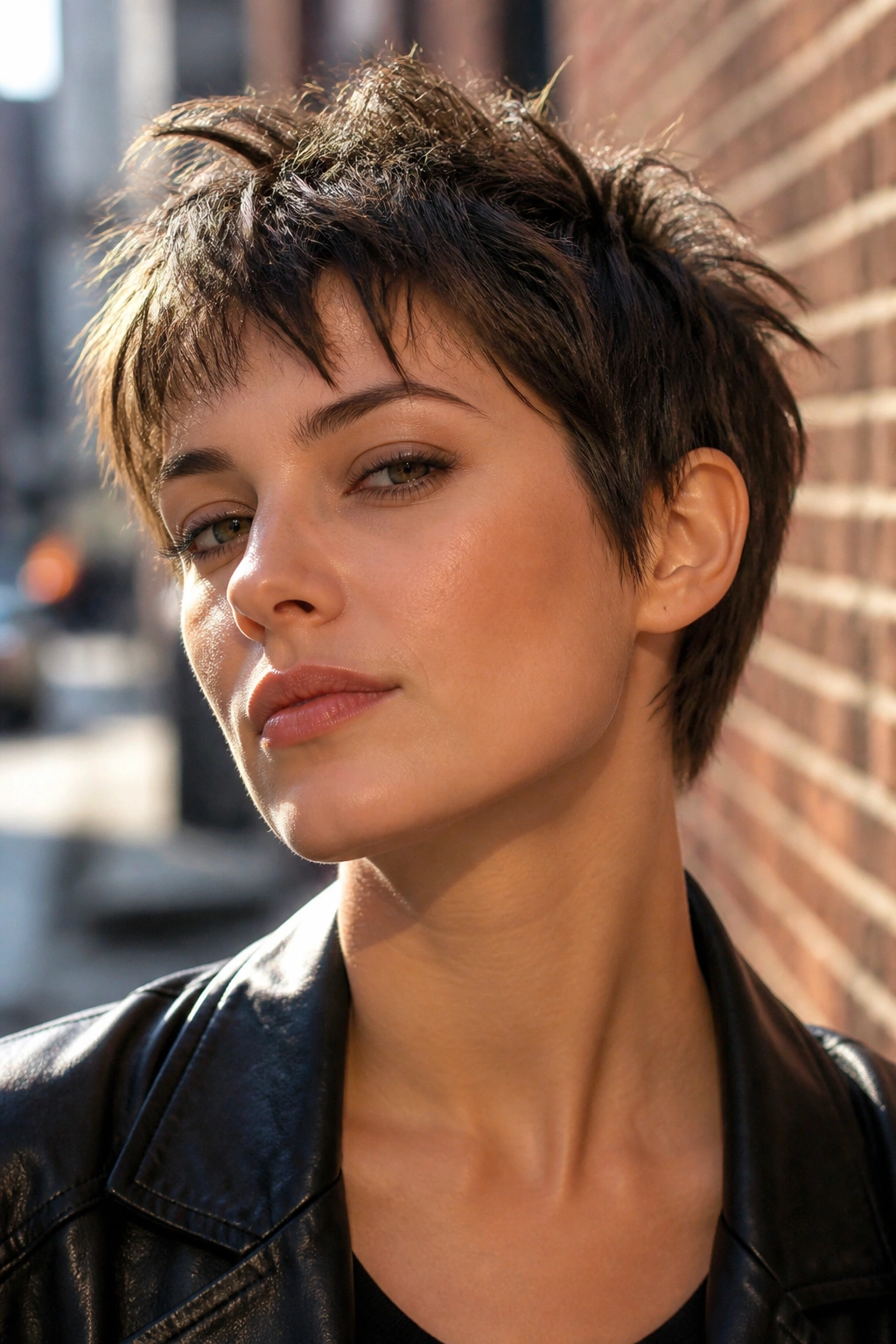 Portrait of a real woman with a choppy pixie texture and razor-cut ends on an urban street