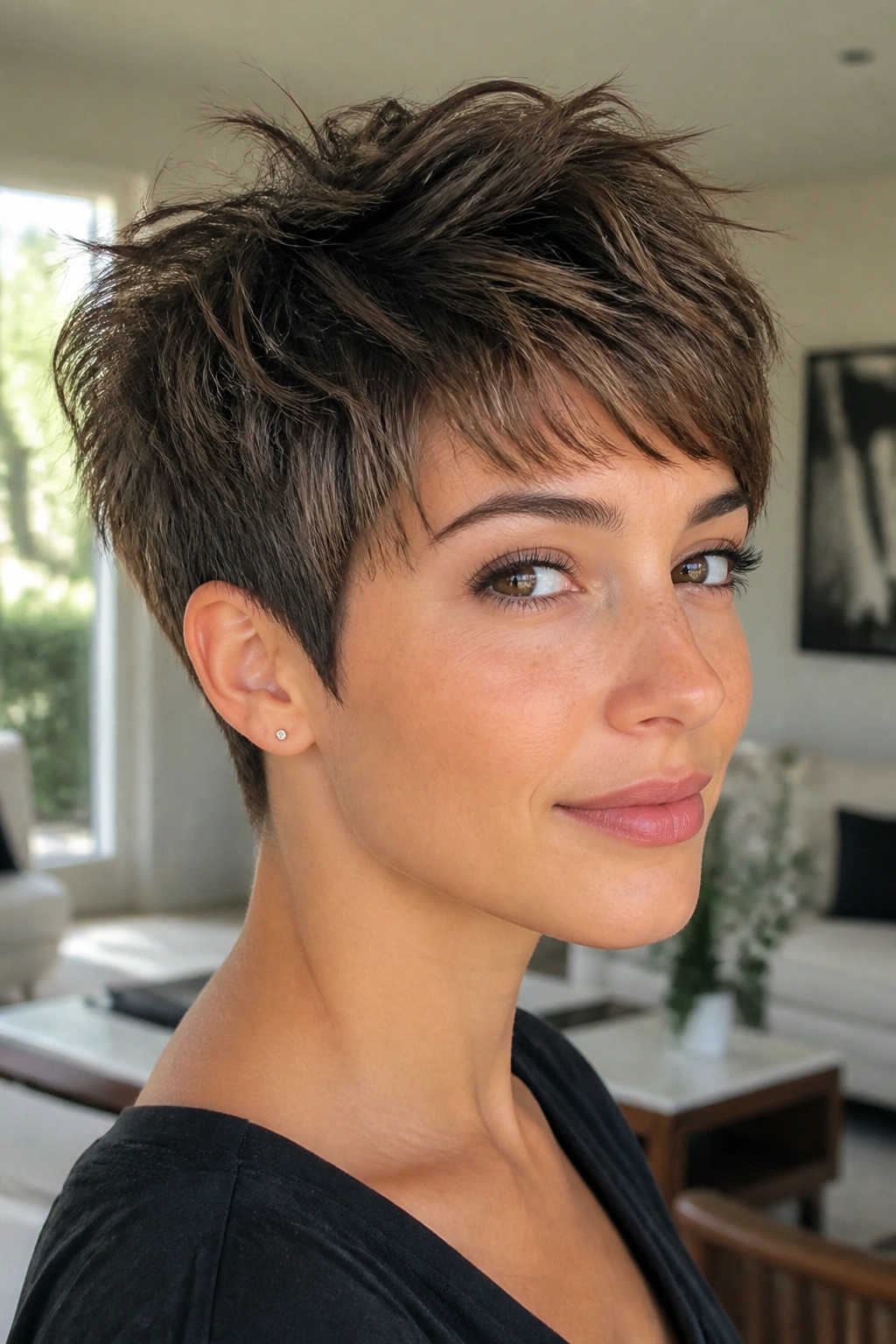 Close-up of a real woman with a choppy textured pixie