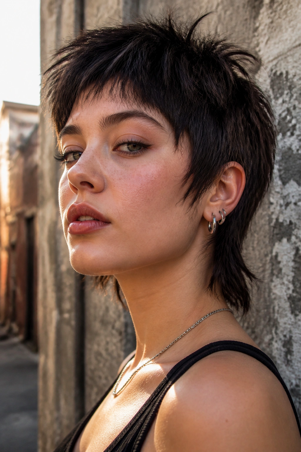 Portrait of a real person with choppy razor-cut pixie mullet showing movement