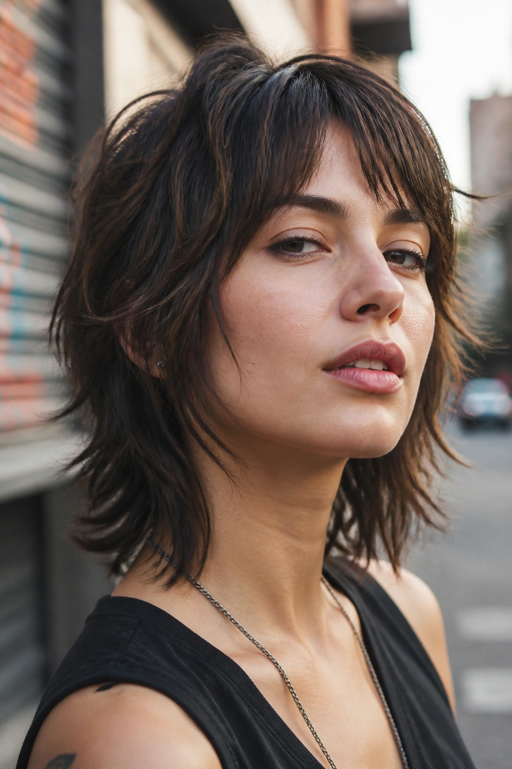 Close-up of real person with choppy razor shag in urban afternoon light