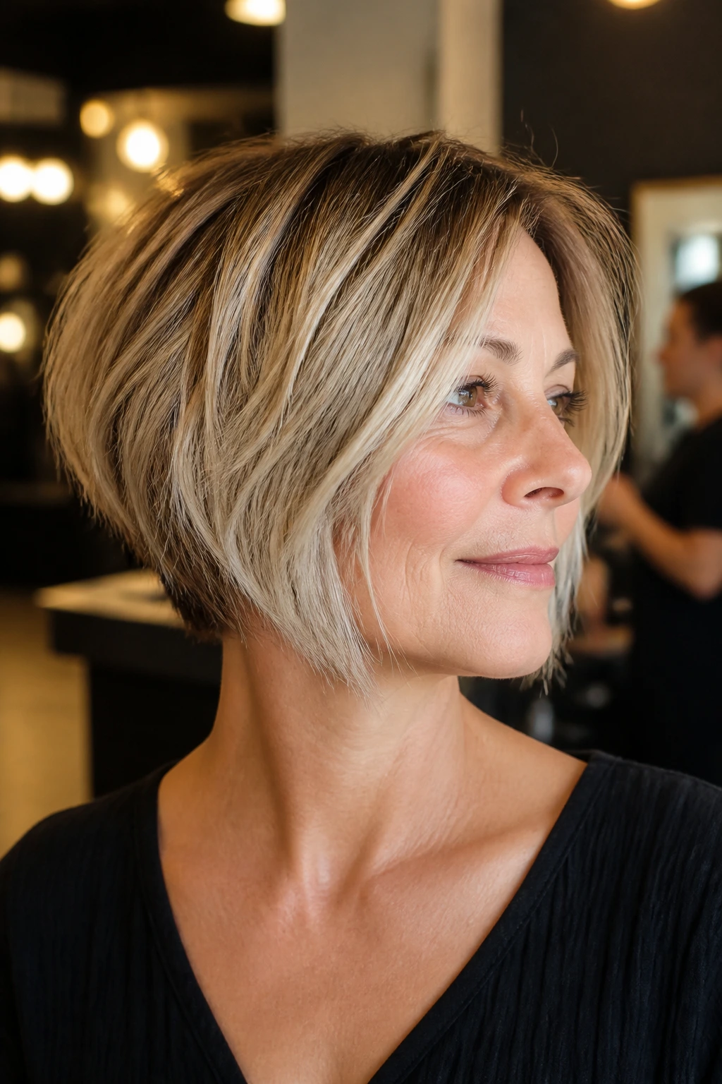 Close-up of a real woman with a choppy razor stacked bob.