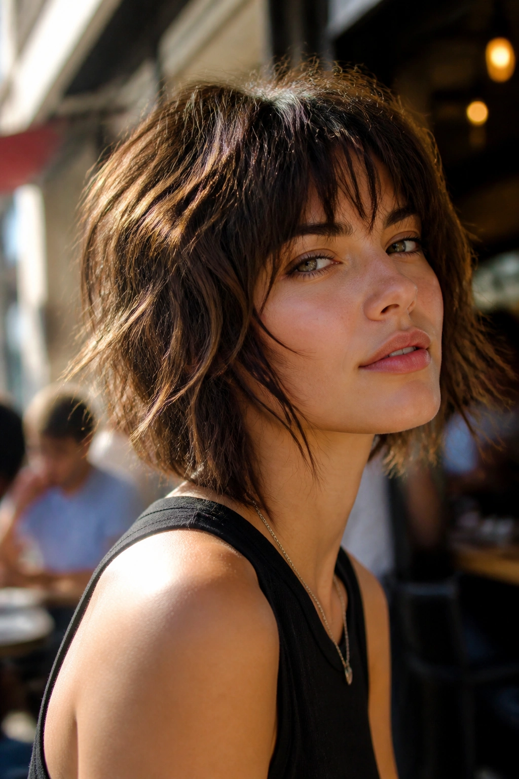 Close-up of a real woman with a choppy shag bob and piecey ends