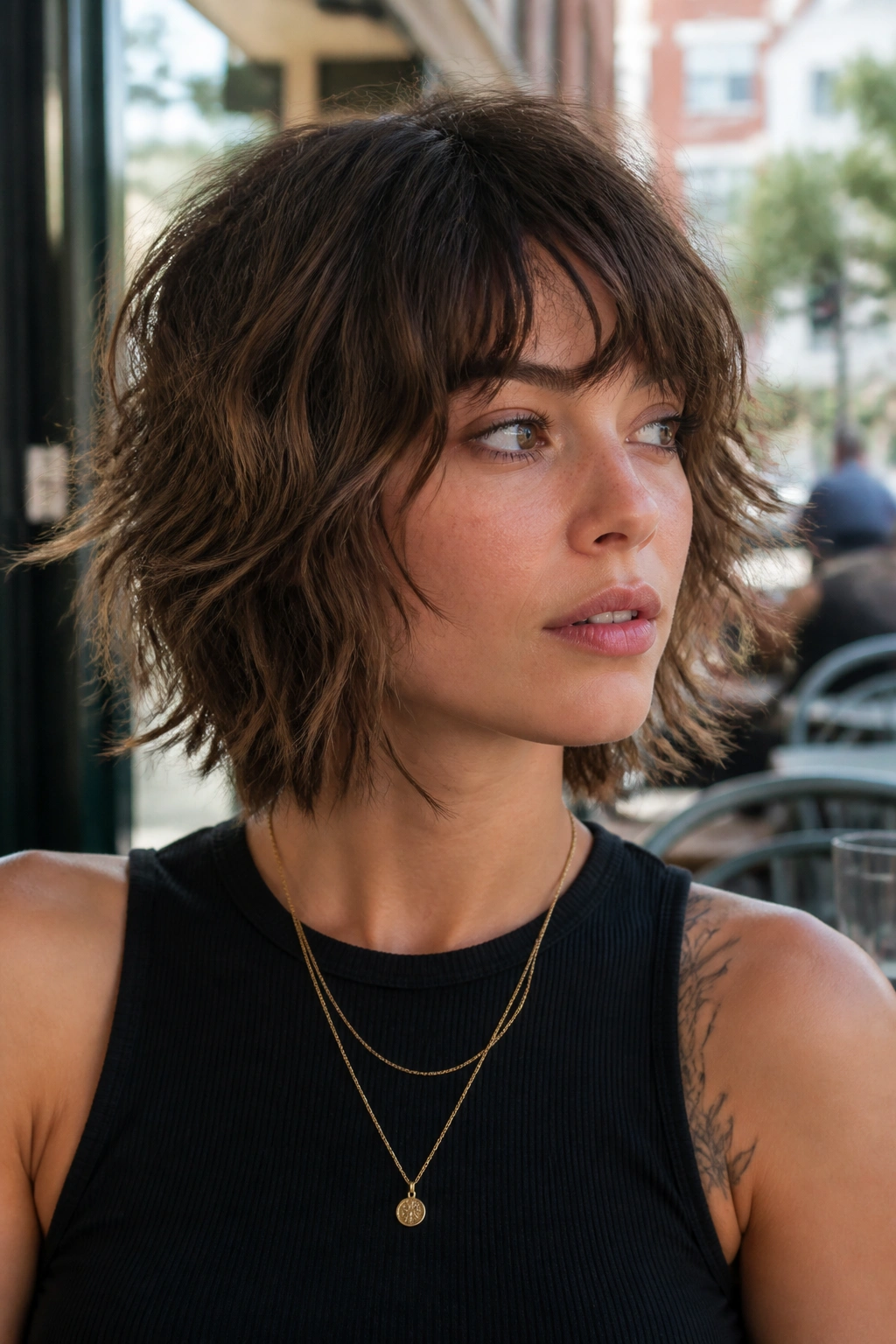 Portrait of a real woman with a choppy shag bob in an outdoor cafe setting.