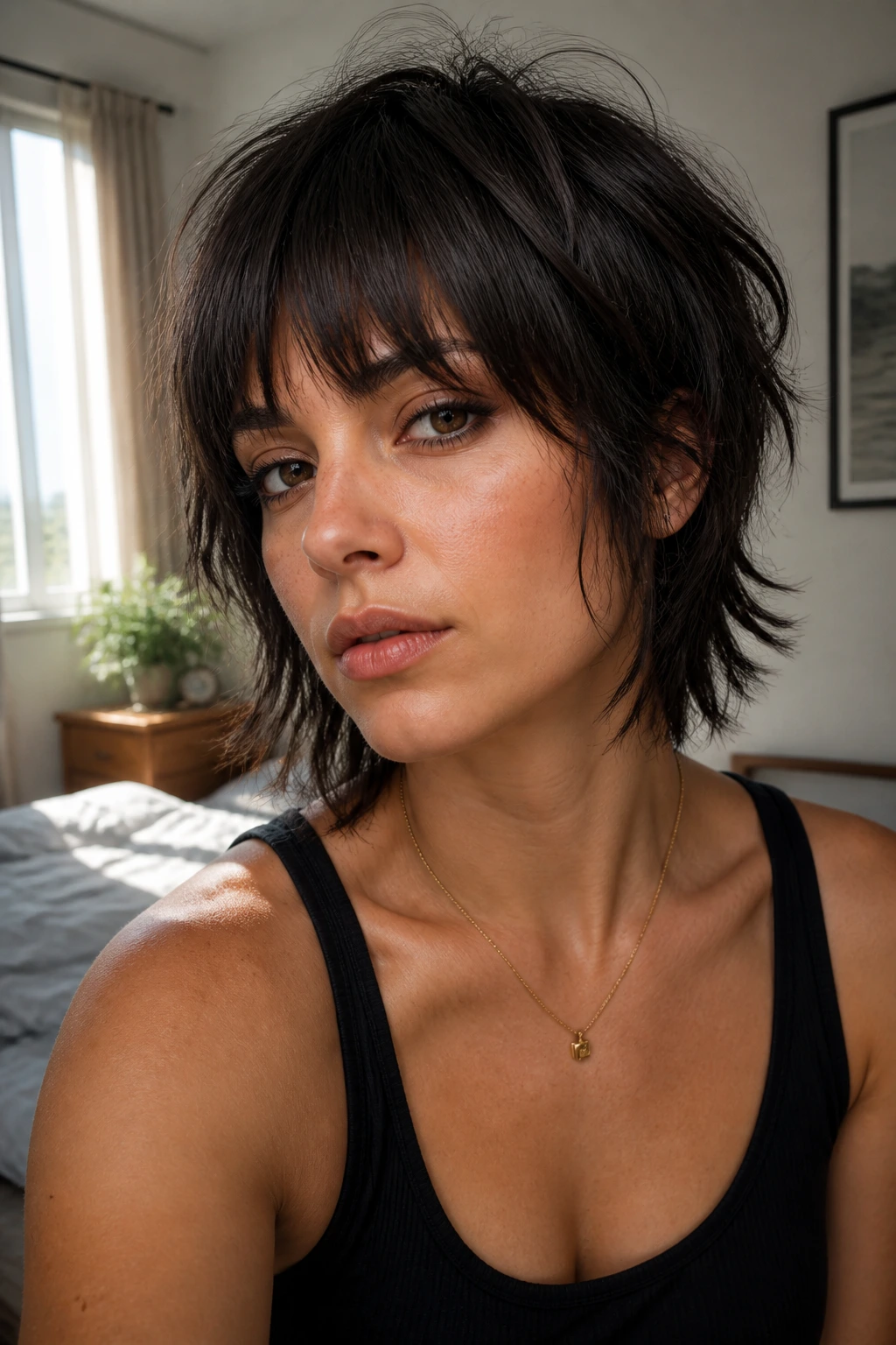 Close-up portrait of a real person with a choppy shag fringe in morning light