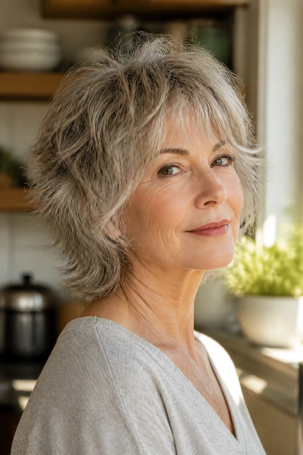 Close-up portrait of an older woman with a classic choppy shag hairstyle in a sunlit kitchen