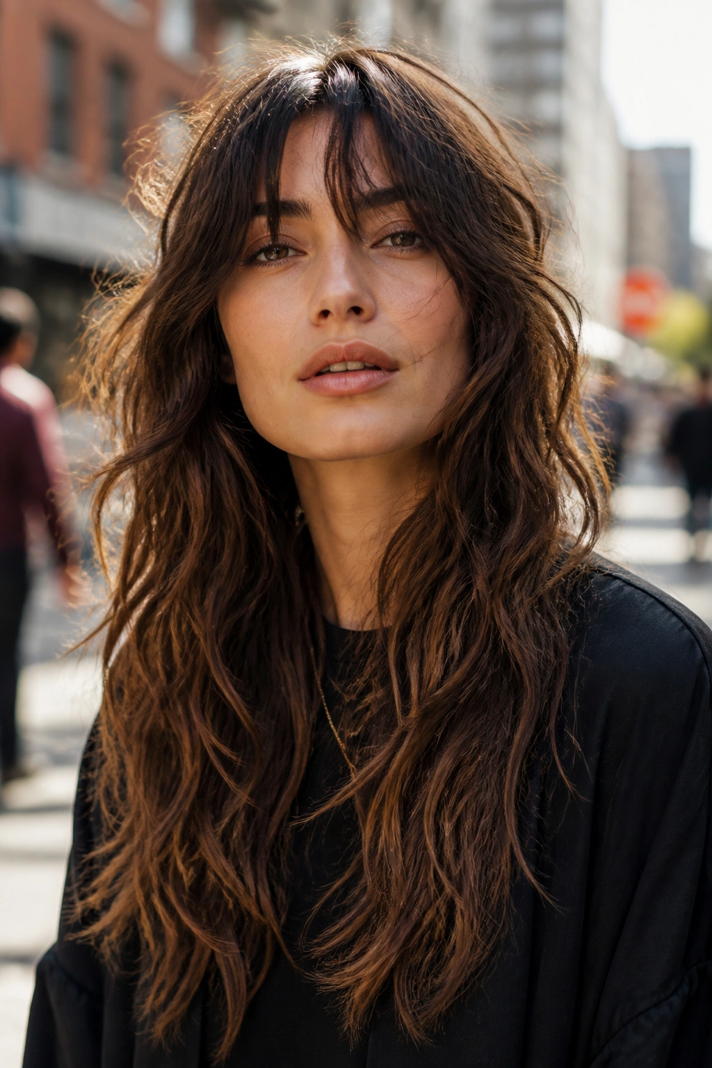 Real woman with choppy shag layers on long hair.