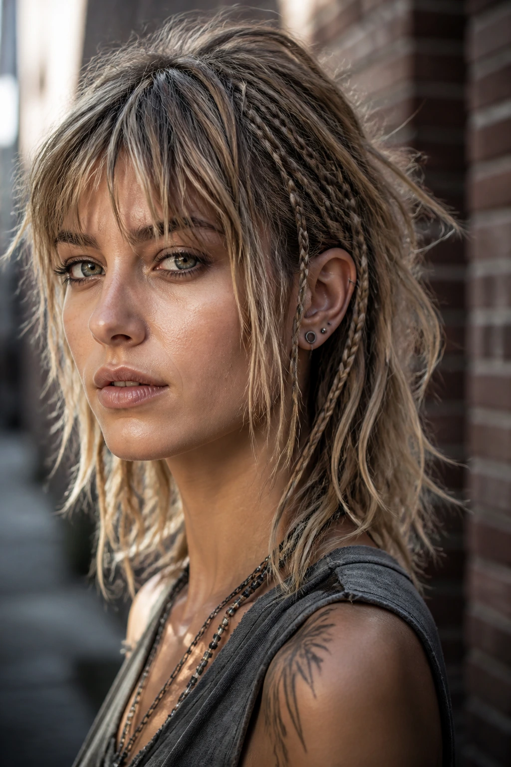 Portrait of a woman with choppy shag and micro braids in the fringe area
