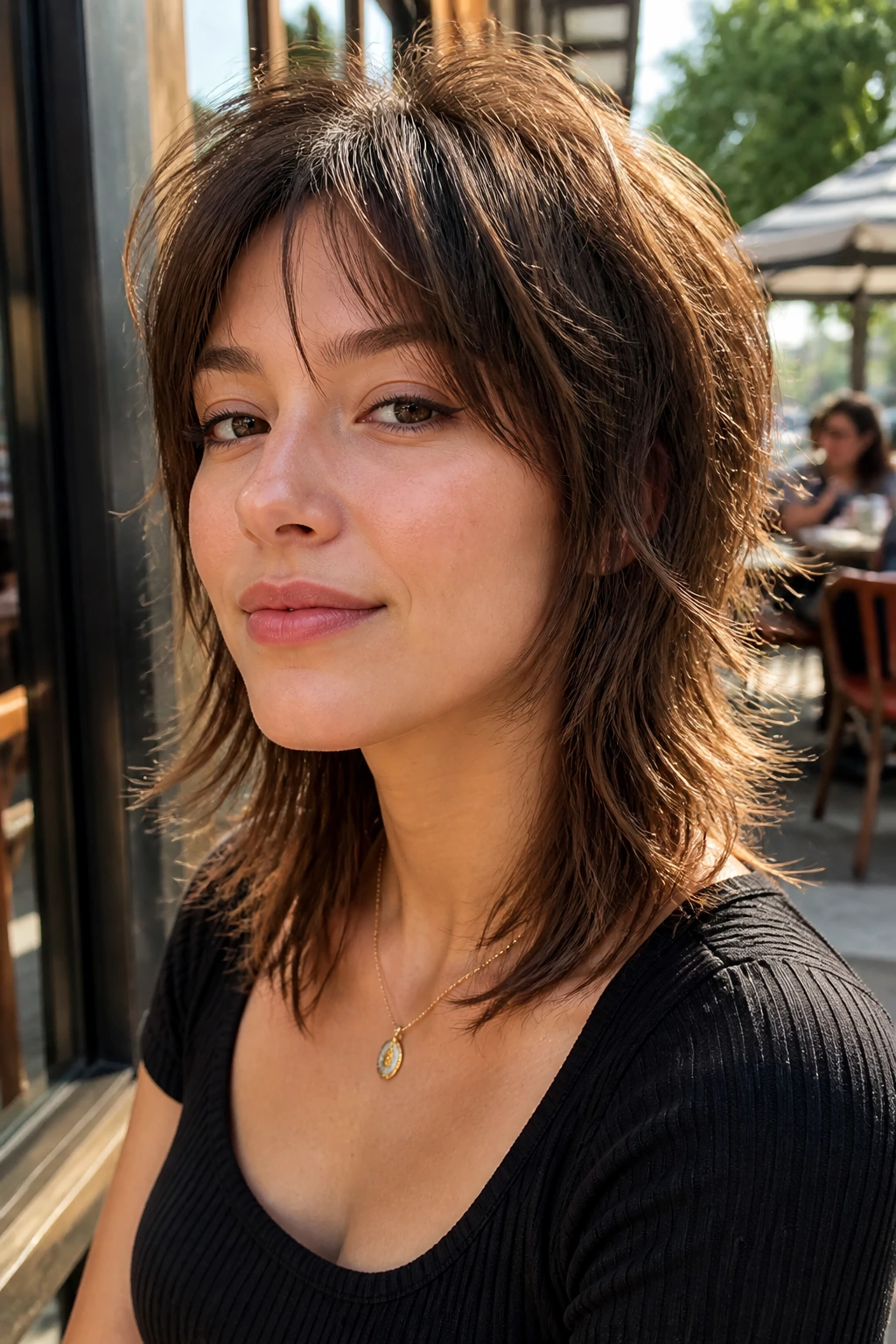 Portrait of a woman with see-through bangs and choppy shag in sunny urban setting
