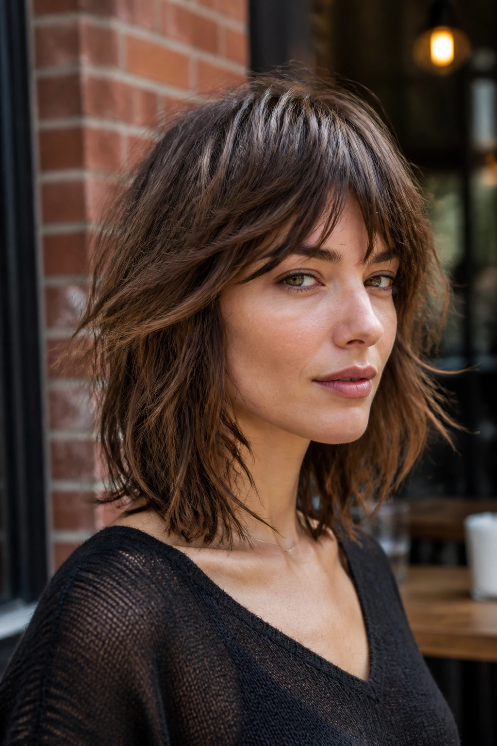 Close-up of a real woman with choppy shag and piecey ends in an urban cafe