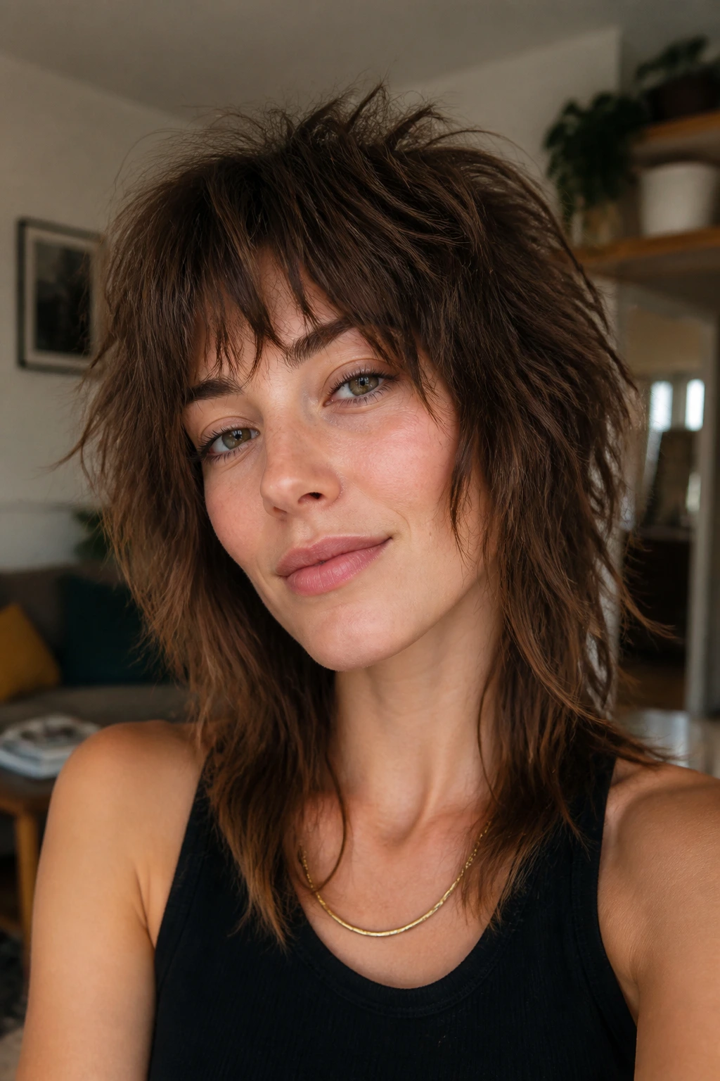 Portrait of woman with choppy shag and piecey ends.