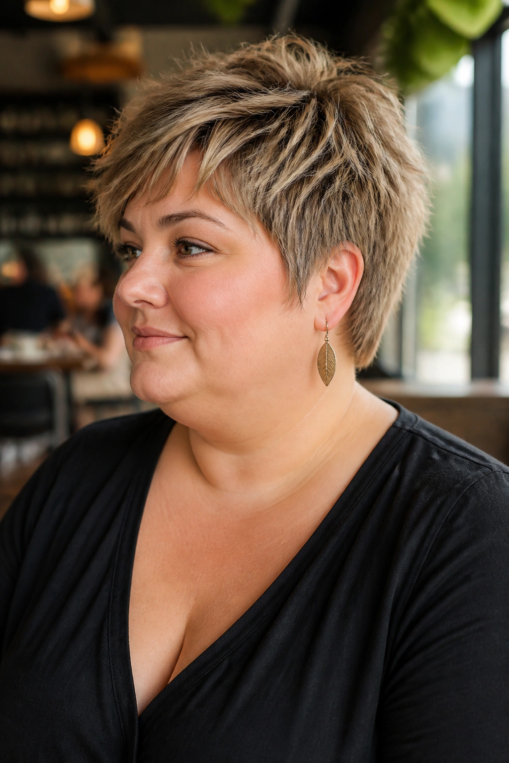 Close-up portrait of a real woman with a choppy shag pixie texture.