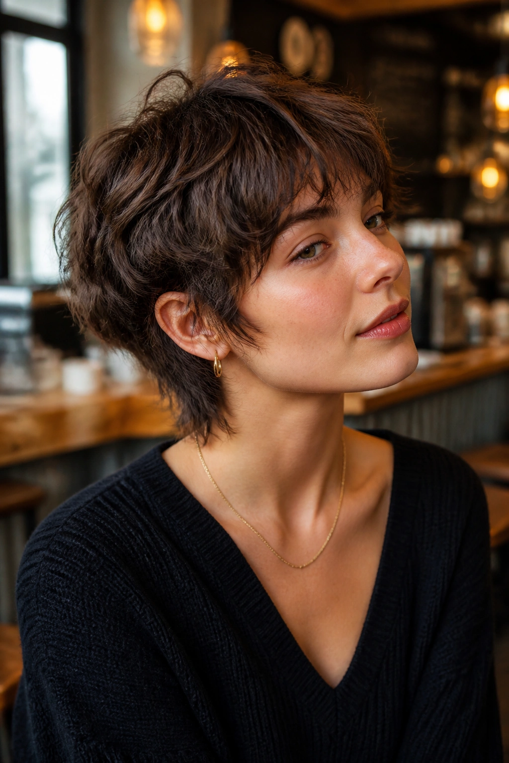 Real person with choppy shag pixie showing airy ends in coffee shop light