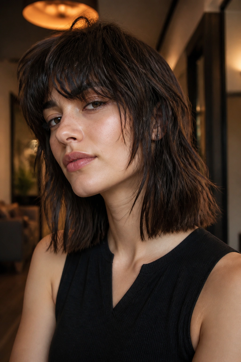 Portrait of a real person with a choppy shag and blunt ends in warm interior lighting