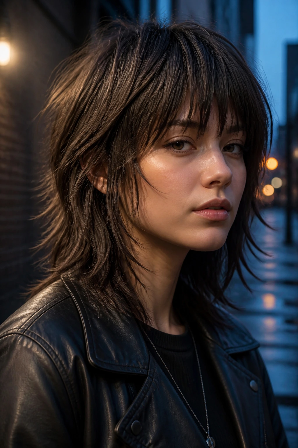 Close-up of a real person with choppy shag wolf cut with broken ends in blue hour urban setting