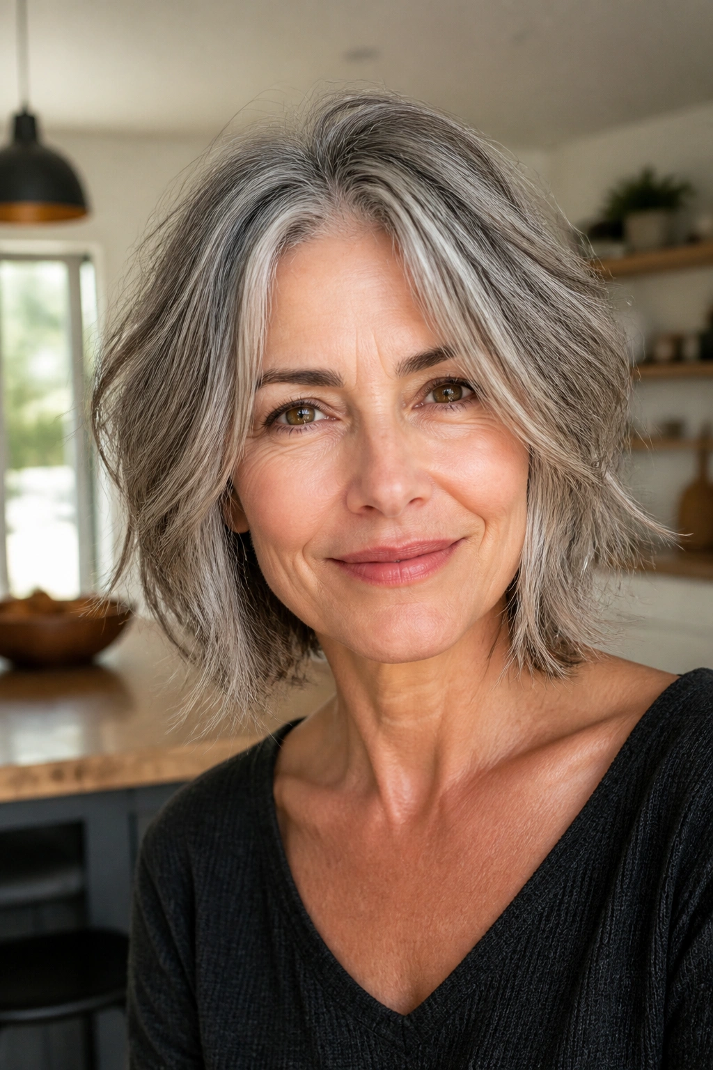 Close-up of a real woman with a choppy shoulder-length crop and gray hair