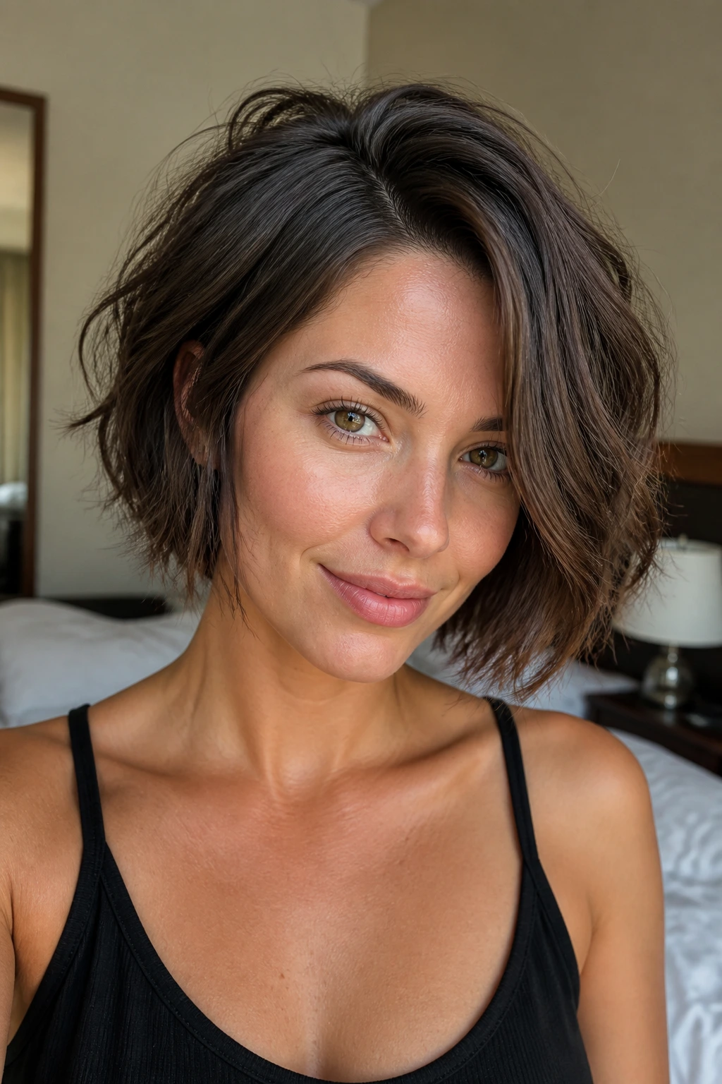 Close-up of a real woman with a choppy side-part bob under warm window light