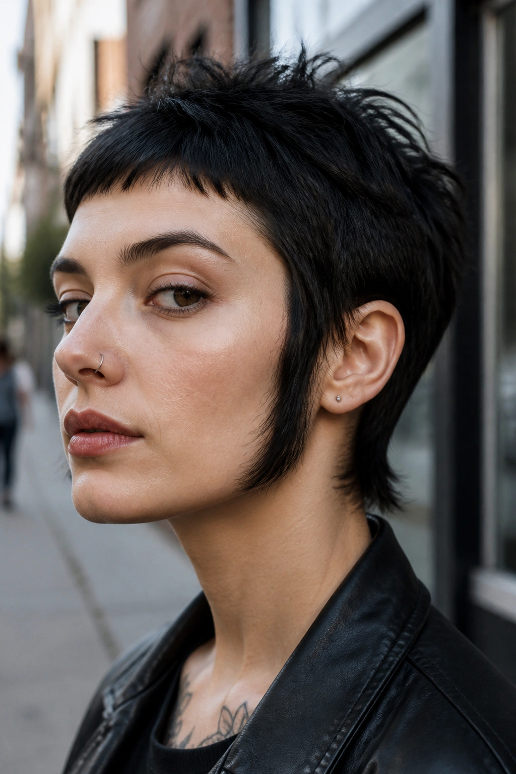 Choppy sideburn pixie close-up portrait on real person in city setting