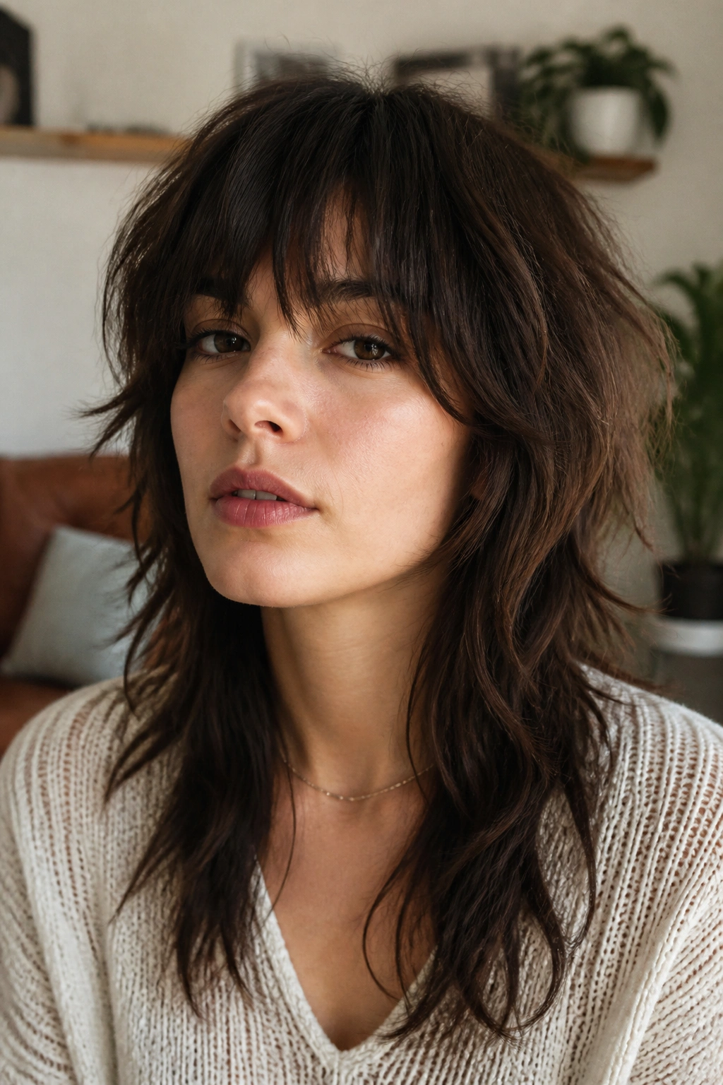 Medium close-up of a real woman with choppy soft bangs and a wolf cut