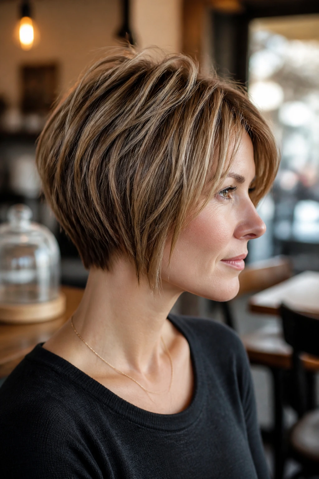 Portrait of a woman with a choppy stacked bob providing volume to fine hair