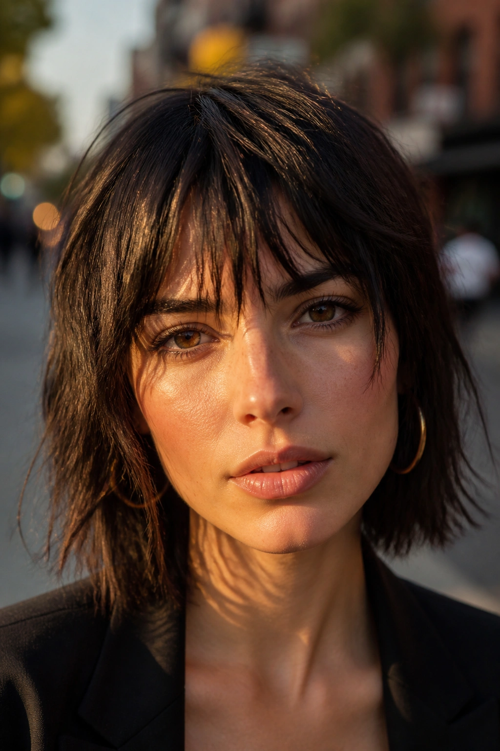 Close-up of a real woman with choppy textured bangs and broken ends