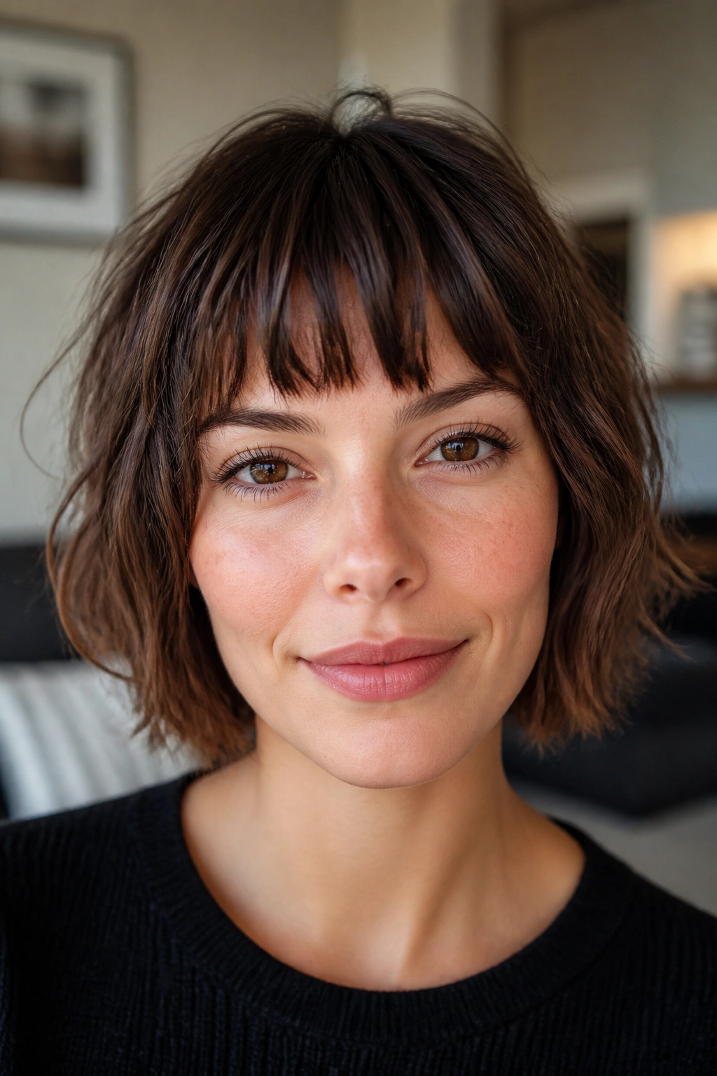 Close-up of a real person with choppy textured bangs