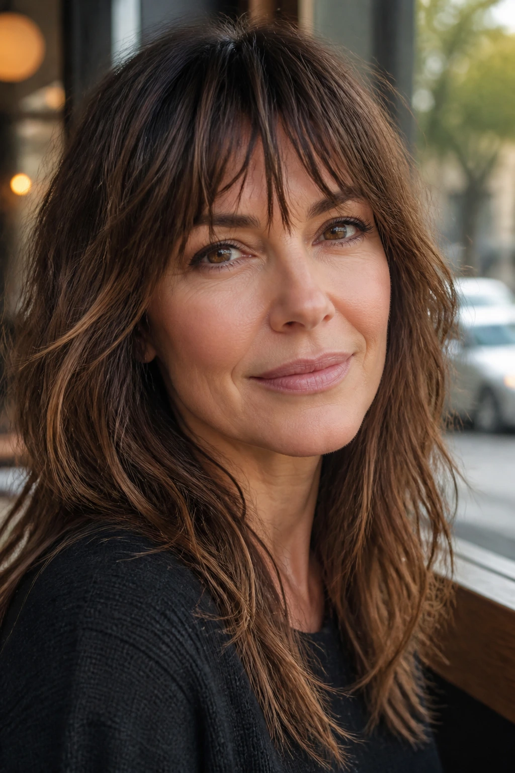 Close-up portrait of a woman with choppy textured bangs at a sunny cafe