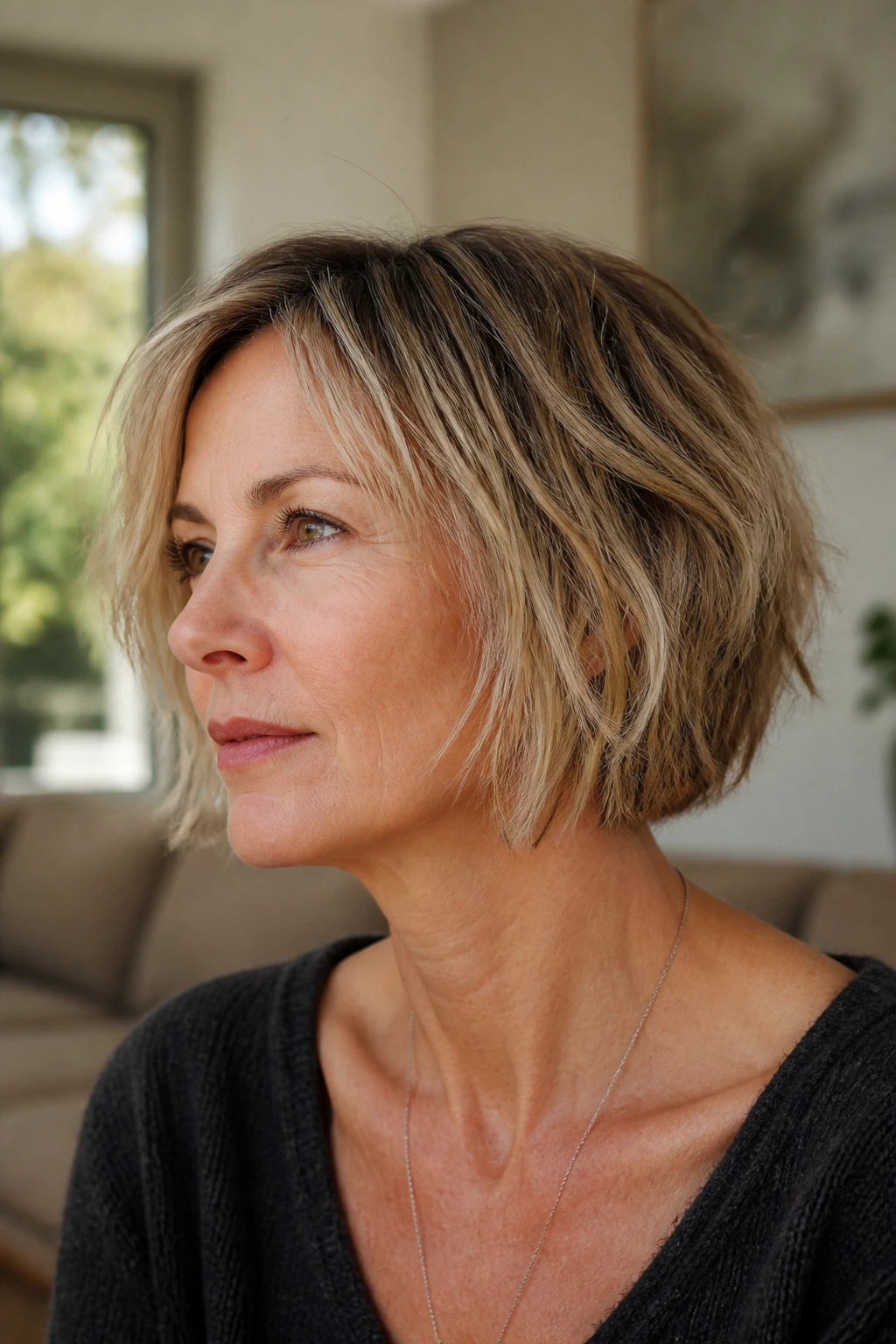 Close-up portrait of a real woman with a choppy textured bob filling the frame