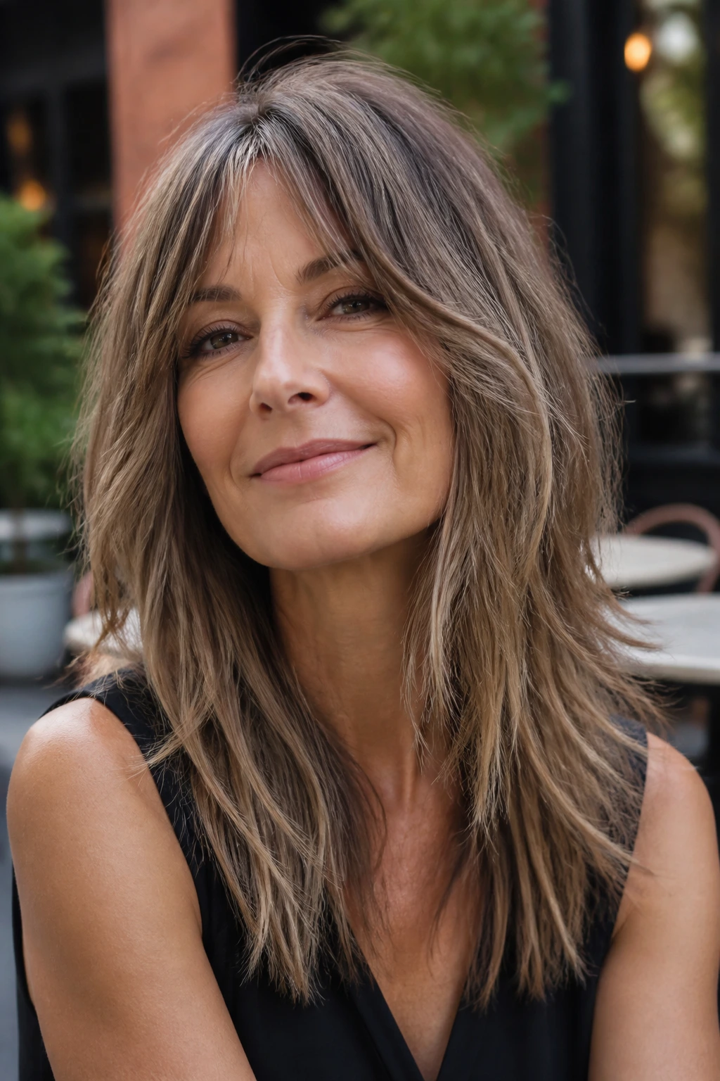 Close-up of a real woman with jagged choppy textured ends in natural outdoor light