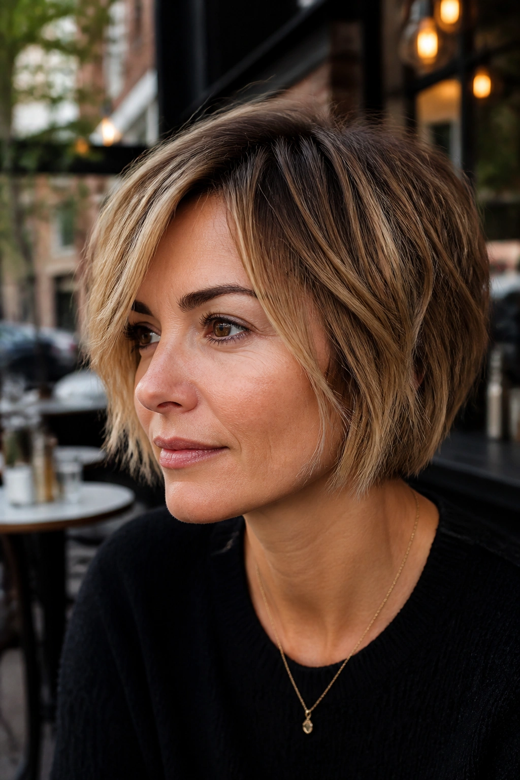 Close-up of a real woman with Choppy Textured Long Pixie Bob, uneven layered ends in natural light