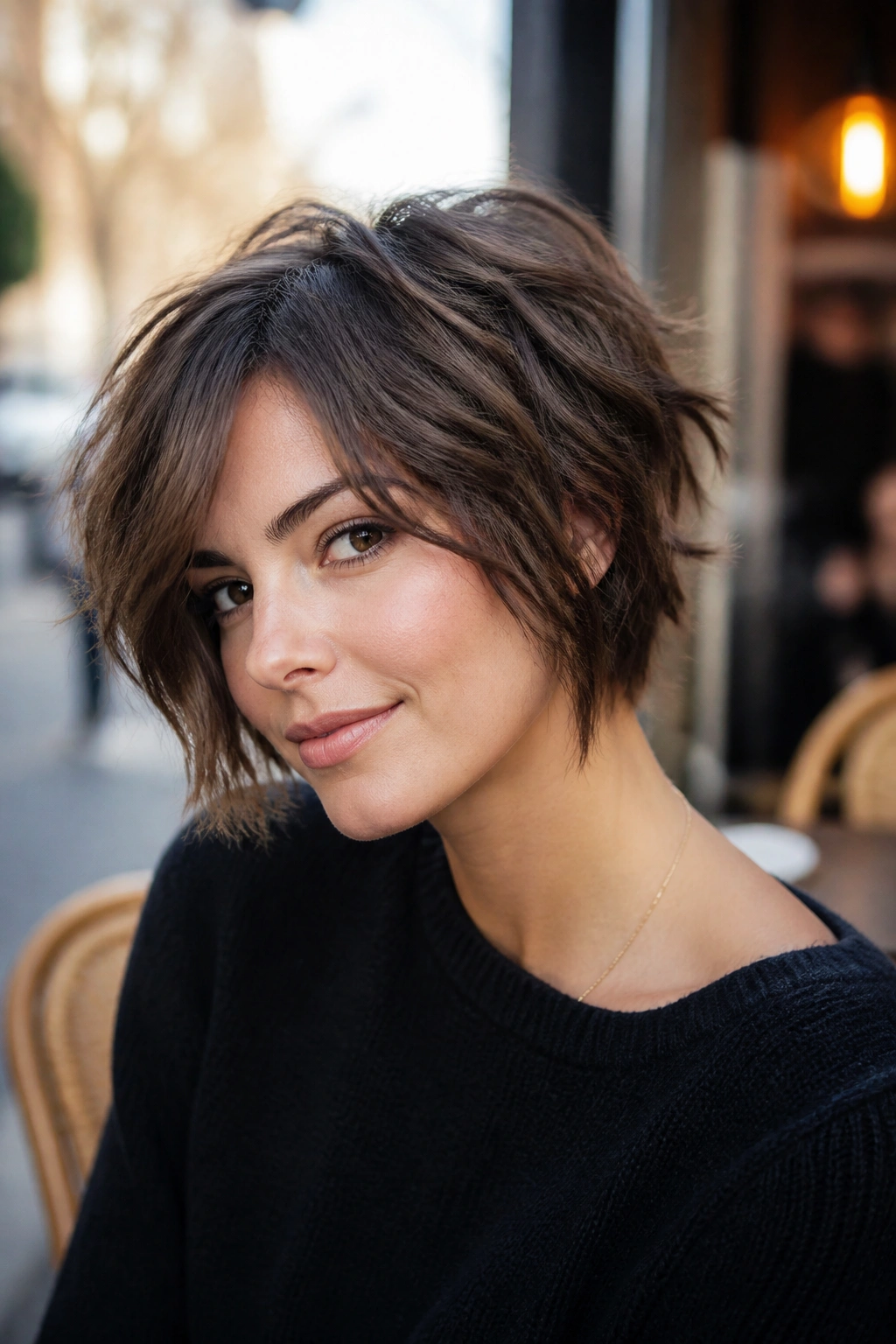 Portrait of a woman with choppy textured long pixie bob showing piecey ends and movement.